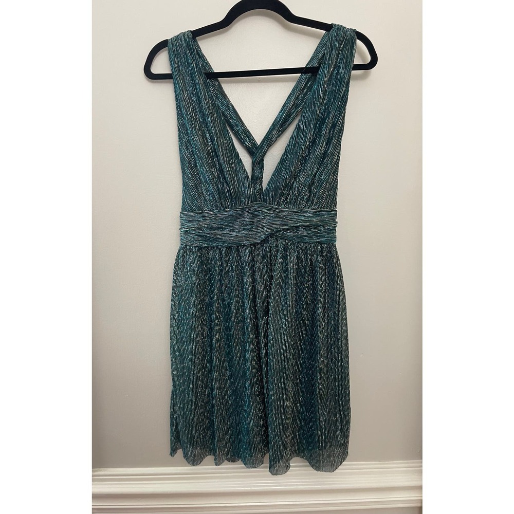 Lulus Ailey Gold and Teal Blue Skater Party Sparkle Cocktail Mini Dress‎ L - Picture 2 of 12